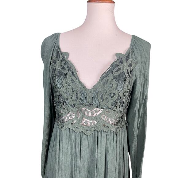 Francesca Mi Ami Mini Dress Size L Green Crotchet Tiered Ruffled Boho Peasant - Picture 9 of 13